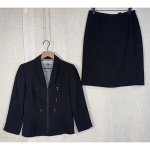Tahari Arthur S Levine Skirt Suit Blazer Set Solid Black Sz 4 Business Career